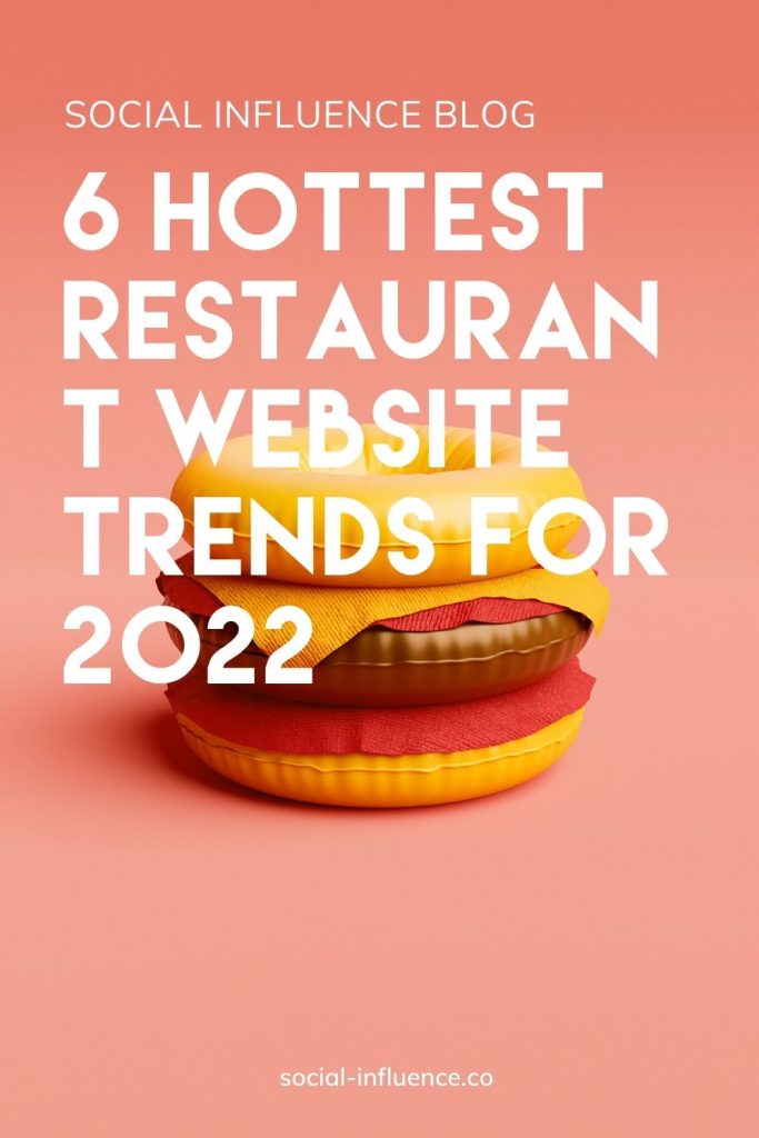 6 Hottest Restaurant Website Trends for 2022 written on a orange background with a hamburger made of plastic ingredients